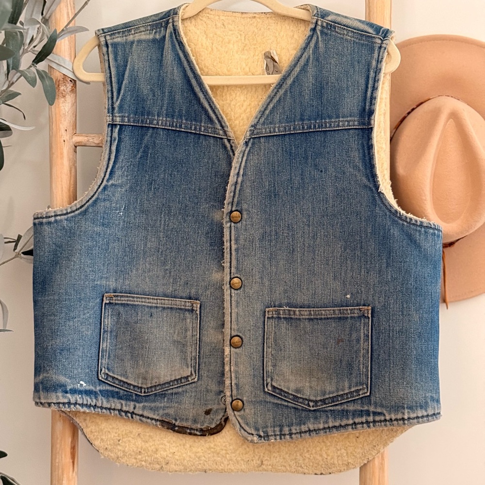 Vintage Sherpa-Lined Denim Vest - Blue